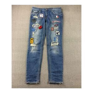 Zara Premium Jeans Women 6 Boyfriend Slim Fit Embroidered Patches Distressed